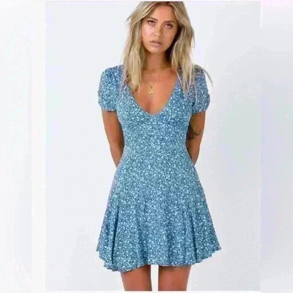 Princess Polly The Sting Mini Dress Ruffle Hem Short Floral V-neck Blue Size 0 - Picture 2 of 12